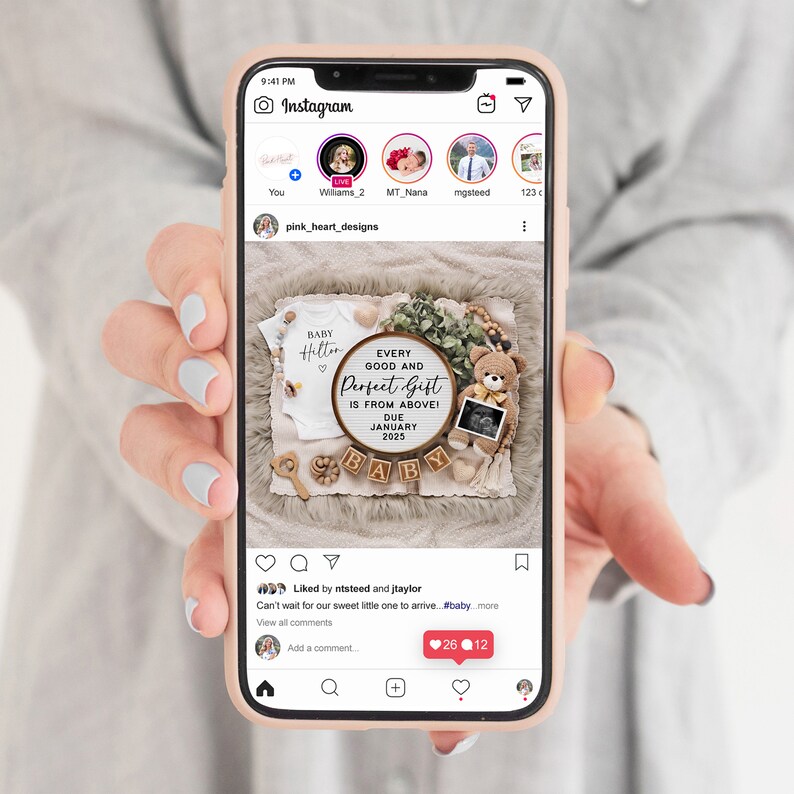 May include: A wooden sign with the text "Every good and perfect gift is from above! Due January 2025" surrounded by baby blocks, a teddy bear, and greenery. The sign is on a light brown surface.