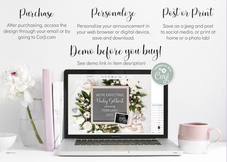 May include: A laptop screen shows a pregnancy announcement: "We're expecting! Baby Gilbert arriving February 2022." The announcement is framed by white flowers and foliage. A pink mug, books, and a vase with flowers are also visible in the image.