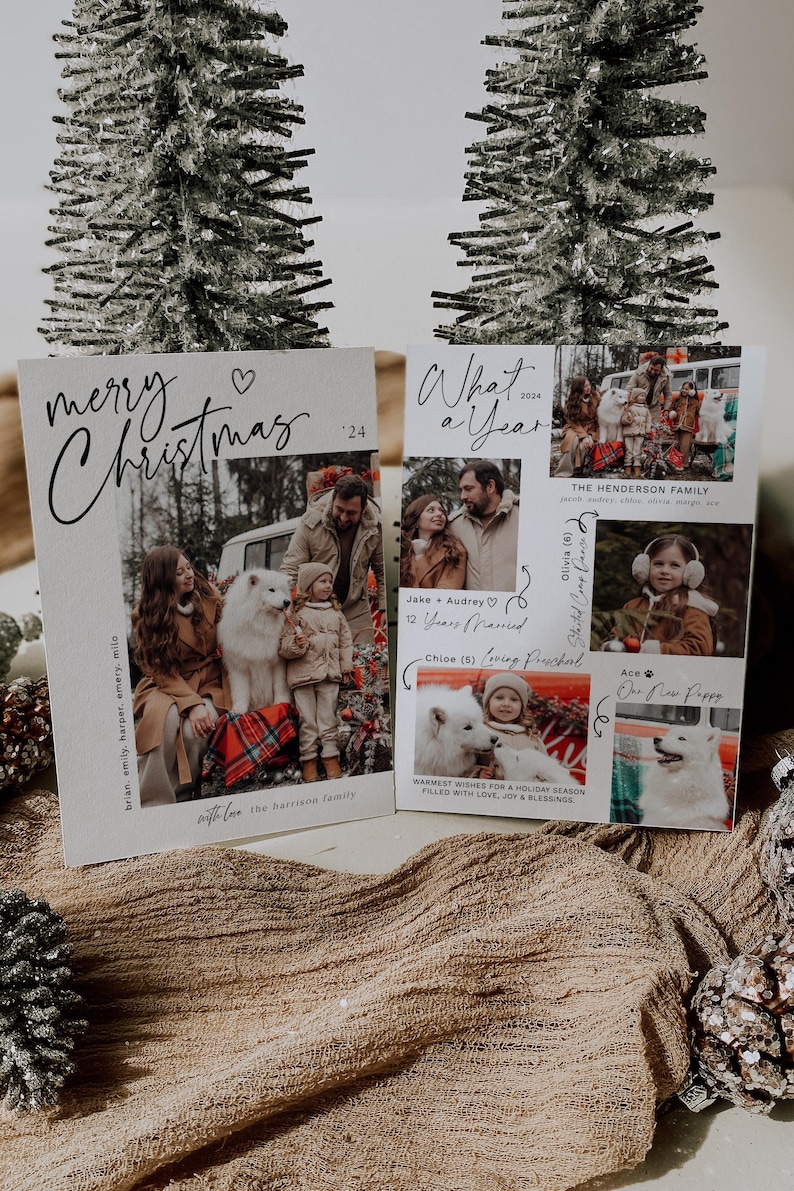 May include: A Christmas card with a photo of a family with their dog. The card says "Merry Christmas '24" and "with love, the Harrison family".