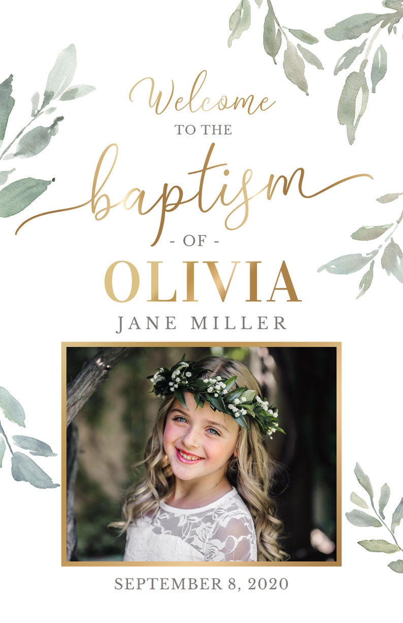 May include: A baptism invitation with a watercolor floral design. The invitation says "Welcome to the baptism of Olivia Jane Miller, September 8, 2020". A photo of a young girl wearing a white dress and a flower crown is in the center of the invitation.