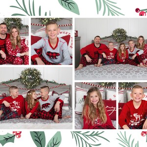 May include: A family of six wearing red and black plaid pajamas poses for a Christmas photo. The family is sitting on a bed with pillows and a wreath. The background is a white wall with a garland of greenery and red berries.