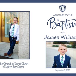 May include: A young boy in a suit and tie stands in front of a church. The sign above him reads "Welcome to the Baptism of James Williams". The date "September 8, 2020" is printed below the boy's photo.