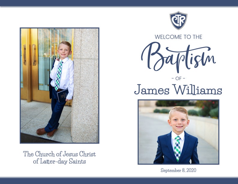 May include: A young boy in a suit and tie stands in front of a church. The sign above him reads "Welcome to the Baptism of James Williams". The date "September 8, 2020" is printed below the boy's photo.