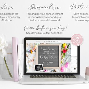 Puede incluir: Una pantalla de computadora port&aacute;til que muestra un anuncio digital para un baby shower. El anuncio presenta una pizarra con el texto "Somebody sweet is on the way! Baby Oliver October 2023". El anuncio est&aacute; rodeado de art&iacute;culos para beb&eacute;s de colores pastel y flores.