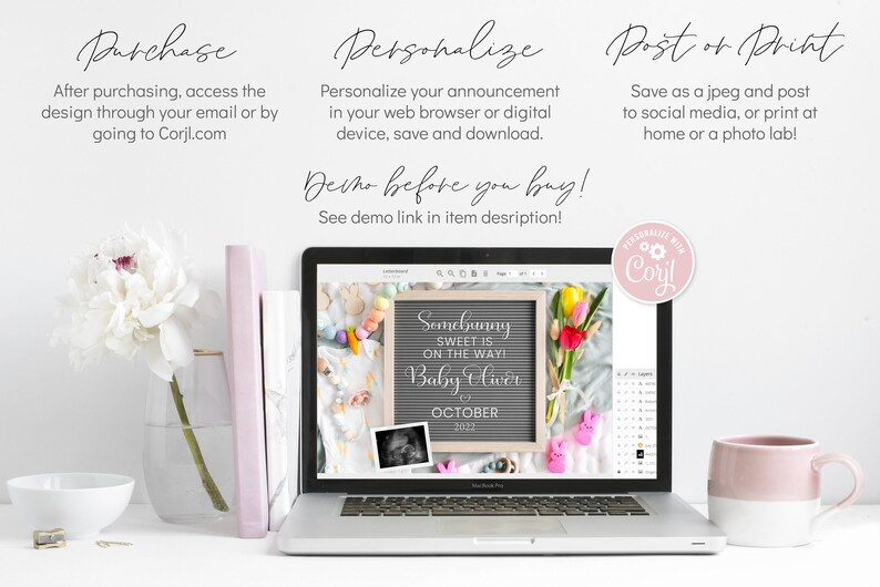 Puede incluir: Una pantalla de computadora port&aacute;til que muestra un anuncio digital para un baby shower. El anuncio presenta una pizarra con el texto "Somebody sweet is on the way! Baby Oliver October 2023". El anuncio est&aacute; rodeado de art&iacute;culos para beb&eacute;s de colores pastel y flores.