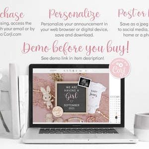 Op de afbeelding: Een laptopscherm waarop een digitaal ontwerp voor een geboorteaankondiging wordt weergegeven. Het ontwerp heeft een roze en witte kleurstelling met een krijtbord waarop "We are having a Girl" staat en een baby-romper met de tekst "Baby Jones".