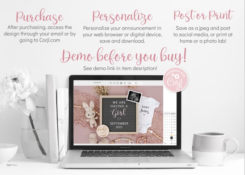 Op de afbeelding: Een laptopscherm waarop een digitaal ontwerp voor een geboorteaankondiging wordt weergegeven. Het ontwerp heeft een roze en witte kleurstelling met een krijtbord waarop "We are having a Girl" staat en een baby-romper met de tekst "Baby Jones".
