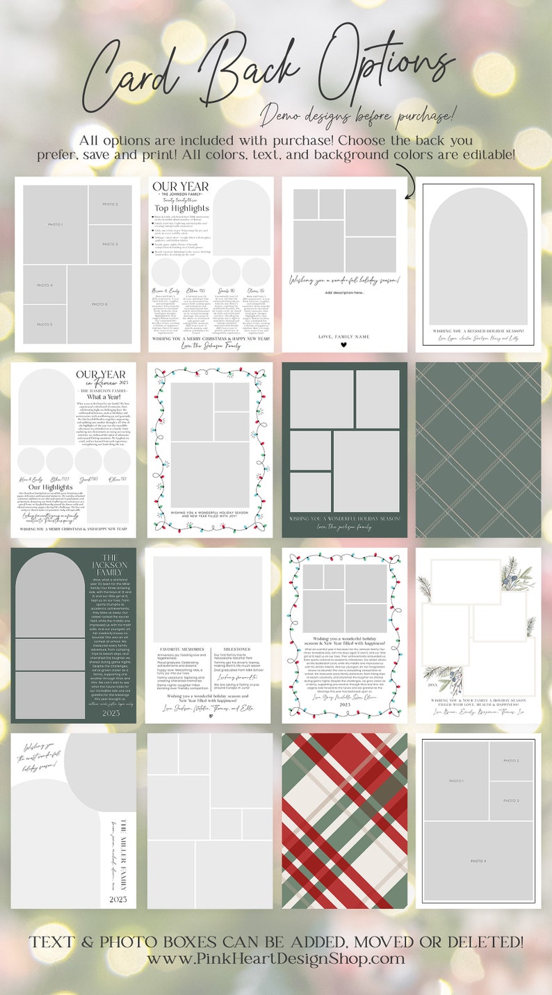 May include: A collage of different Christmas card back designs with photo placeholders. The designs include a green plaid pattern, a red and green plaid pattern, a design with Christmas lights, and a design with a Christmas tree. The text "Card Back Options" is at the top of the image. The text "TEXT & PHOTO BOXES CAN BE ADDED, MOVED OR DELETED!" is at the bottom of the image. The text "www.PinkHeartDesignShop.com" is also at the bottom of the image.