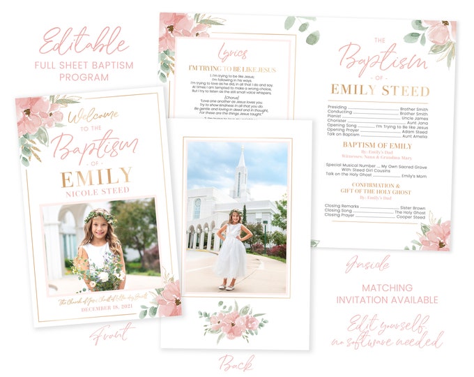 LDS Baptism Program - LDS Baptism Program Girl - Editable Girl Program - Instant Download - Baptism Program Template - Corjl