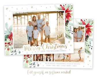 Floral Christmas Photo Card Template Poinsettia (Corjl)