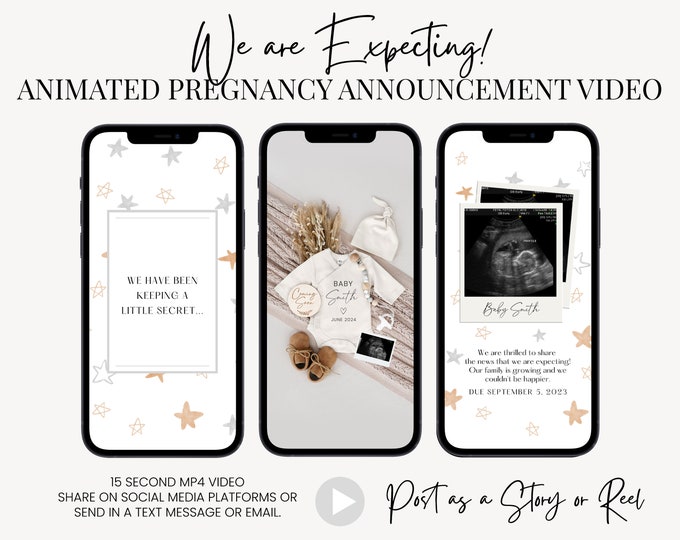 Digital Pregnancy Announcement Video - Boho Baby Reveal Video - Canva Template and Instant Download