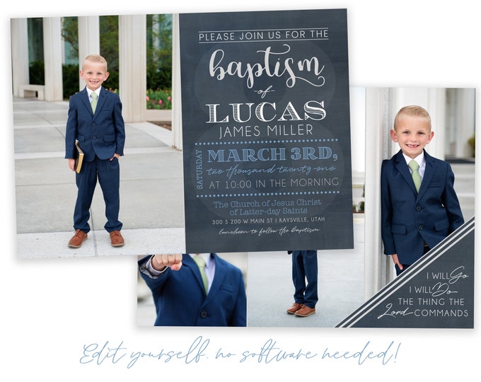 LDS Baptism Invitation for Boys - Classic Design - Corjl Editing - Instant Download - Baptism Announcements