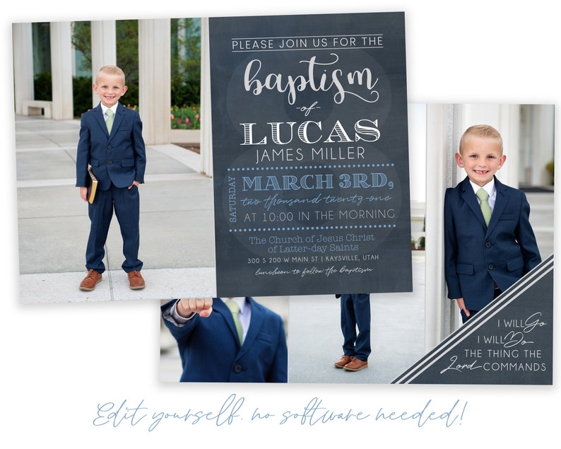 May include: A baptism invitation with a chalkboard background. The invitation is for Lucas James Miller and is for March 3rd, 2021 at 10:00 am. The invitation includes a photo of Lucas in a blue suit and tie. The invitation also includes the text "PLEASE JOIN US FOR THE baptism of LUCAS JAMES MILLER MARCH 3RD, two thousand twenty-one AT 10:00 IN THE MORNING The Church of Jesus Christ of Latter-day Saints 300 S 200 W MAIN ST | KAYSVILLE, UTAH luncheon to follow the baptism SATURDAY".