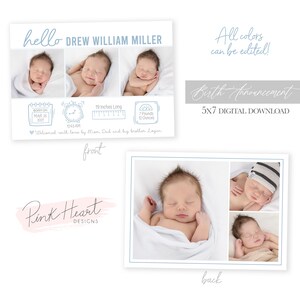 May include: A digital birth announcement card with a blue and white color scheme. The front of the card features a photo collage of a newborn baby boy, along with details about the baby's birth, including the date, time, weight, and length. The back of the card features a photo collage of the baby boy in different poses. The text on the card reads "hello DREW WILLIAM MILLER", "Born on MAR 25 2021", "12:43 AM", "19 Inches Long", "7 Pounds 12 Ounces", "Welcomed with love by Mom, Dad and big brother Logan", "front", "Pink Heart DESIGNS", "Birth Announcement", "5X7 DIGITAL DOWNLOAD", and "back".