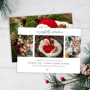 May include: Christmas-themed birth announcement card with a photo collage of a newborn baby in a red Santa hat, a family of three, and a close-up of a Christmas tree. The text reads "we joyfully introduce JORDAN DEAN HANSEN DECEMBER 1, 2024 7 POUNDS 8 OUNCES 21 INCHES welcomed with love by proud parents [unclear text] and [unclear text]"