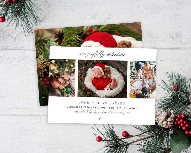 May include: Christmas-themed birth announcement card with a photo collage of a newborn baby in a red Santa hat, a family of three, and a close-up of a Christmas tree. The text reads "we joyfully introduce JORDAN DEAN HANSEN DECEMBER 1, 2024 7 POUNDS 8 OUNCES 21 INCHES welcomed with love by proud parents [unclear text] and [unclear text]"