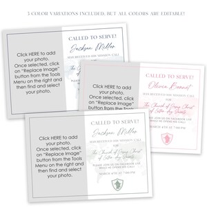May include: Three printable cards with a watercolour background and text that reads "Called to Serve!" with a name, "Has Received His Mission Call" and the text "The Church of Jesus Christ of Latter-day Saints". The cards are in pink, blue, and green colour variations.
