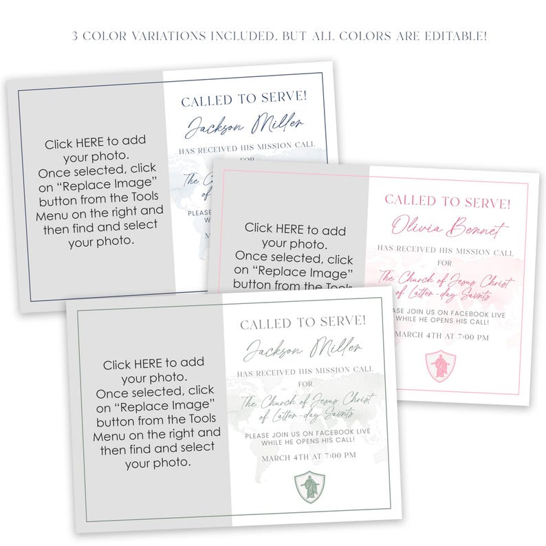 May include: Three printable cards with a watercolour background and text that reads "Called to Serve!" with a name, "Has Received His Mission Call" and the text "The Church of Jesus Christ of Latter-day Saints". The cards are in pink, blue, and green colour variations.