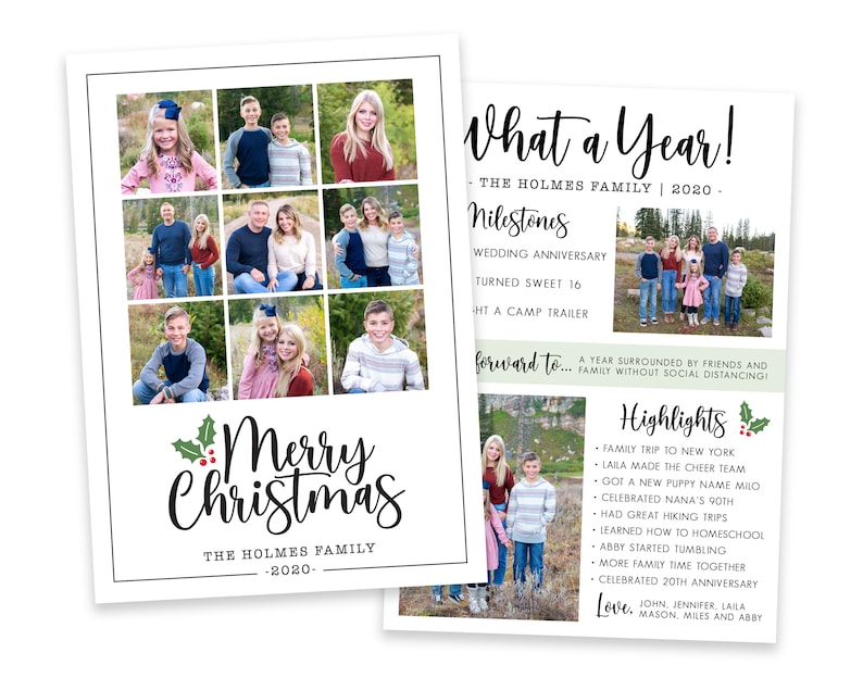 May include: A Christmas card featuring a collage of family photos with the text "Merry Christmas" and "The Holmes Family - 2020" at the bottom. The card also includes a section with the text "What a Year! The Holmes Family | 2020 - Milestones" and a list of family milestones.