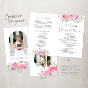 May include: A printable baptism programme template featuring floral designs in pink and purple. The programme includes a photograph of the child being baptised, the date of the baptism, and the names of the officiants. The back of the programme has a floral design and the text "I Am a Child of God".