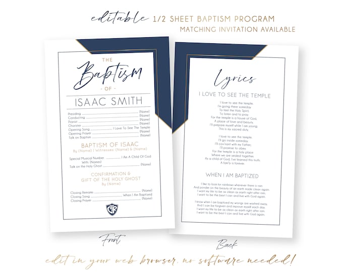 Baptism Program LDS | 1/2 Sheet Baptism Program Boy | LDS Baptism Program | Program Template | LDS Baptism | Boy Baptism Program | Corjl