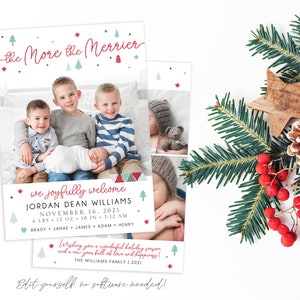 Anuncio de nacimiento de Navidad / Cuanto más tarjeta de Navidad más feliz / Plantilla de anuncio de nacimiento / Anuncio de nacimiento de vacaciones / Corjl