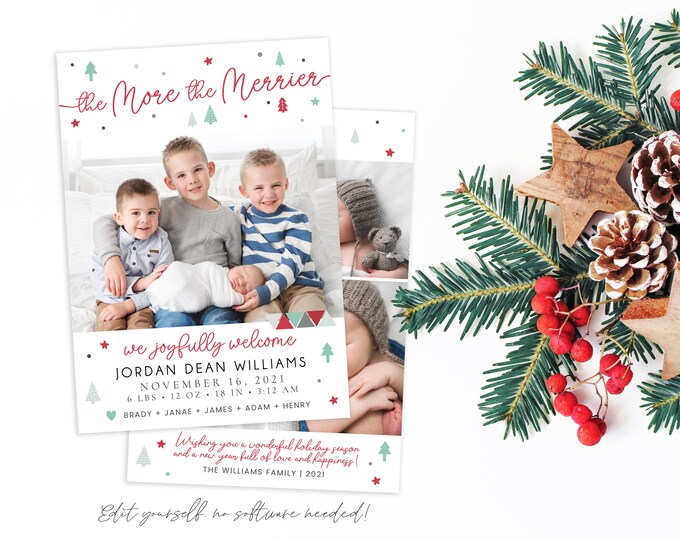 Christmas Birth Announcement | The More The Merrier Christmas Card | Birth Announcement Template | Holiday Birth Announcement | Corjl