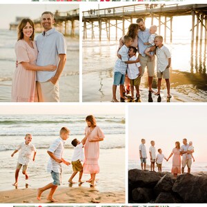 Puede incluir: Un collage de fotos que muestra a una familia de seis personas en una playa. Las fotos muestran a la familia en varias poses, incluyendo una pareja de pie juntos, un grupo de ni&ntilde;os jugando en la arena y toda la familia de pie en una formaci&oacute;n rocosa. Las fotos tienen un fondo de cielo azul, arena blanca y agua azul.