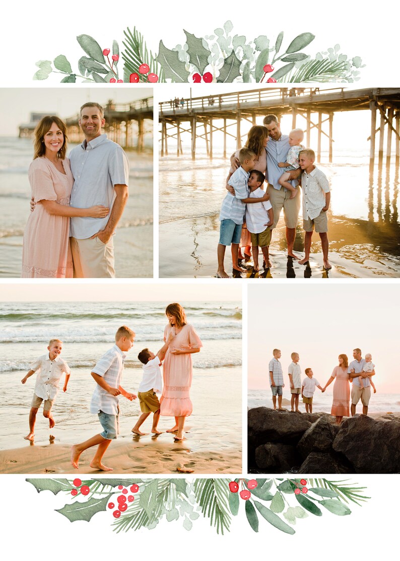 Puede incluir: Un collage de fotos que muestra a una familia de seis personas en una playa. Las fotos muestran a la familia en varias poses, incluyendo una pareja de pie juntos, un grupo de ni&ntilde;os jugando en la arena y toda la familia de pie en una formaci&oacute;n rocosa. Las fotos tienen un fondo de cielo azul, arena blanca y agua azul.