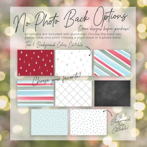 May include: A collection of digital paper backgrounds for use in digital scrapbooking, card making, and other digital crafts. The backgrounds feature various patterns including stripes, polka dots, and Christmas trees. The text "No Photo Back Options" is at the top of the image. The text "Demo designs before purchase!" is below the title. The text "All options are included with purchase! Choose the back you prefer, save and print! Choose a plain back or a photo back!" is below the first line of text. The text "Tree & Background Colors Editable" is below the second line of text. The text "Choose your favorite!" is in the middle of the image. The text "Dots & Background Color Editable!" is in the bottom right corner of the image.