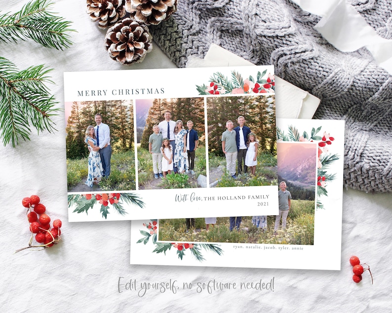 May include: A Christmas card with a collage of family photos. The card has a watercolor border with red berries and green leaves. The text on the card reads "Merry Christmas" and "With love, The Holland Family 2021".