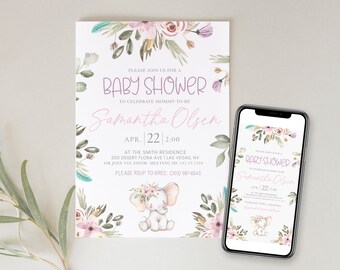 Baby Shower Invitation | Baby Shower Evite | Baby Shower Card Girl Elephant | Baby Shower Animals  | Digital Baby Invite | Purple | Corjl