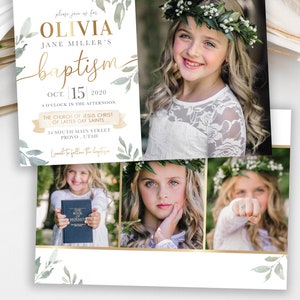 Puede incluir: Una invitaci&oacute;n de bautismo con un dise&ntilde;o floral y una foto de una ni&ntilde;a. La invitaci&oacute;n incluye el nombre de la ni&ntilde;a, Olivia, la fecha del bautismo, 15 de octubre de 2020, y la ubicaci&oacute;n de la ceremonia. El texto "Invitaci&oacute;n de bautismo LDS" est&aacute; en la parte inferior de la invitaci&oacute;n.