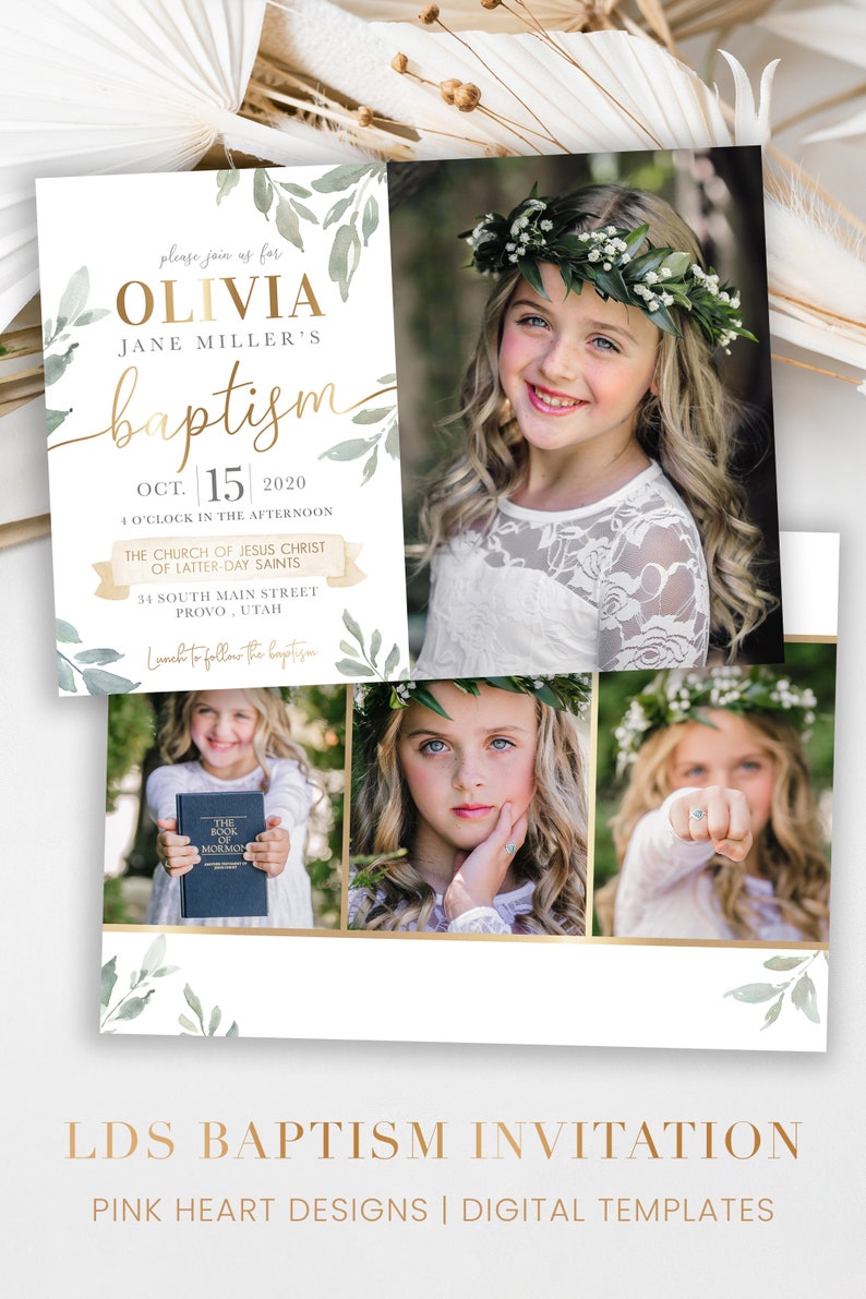 Puede incluir: Una invitaci&oacute;n de bautismo con un dise&ntilde;o floral y una foto de una ni&ntilde;a. La invitaci&oacute;n incluye el nombre de la ni&ntilde;a, Olivia, la fecha del bautismo, 15 de octubre de 2020, y la ubicaci&oacute;n de la ceremonia. El texto "Invitaci&oacute;n de bautismo LDS" est&aacute; en la parte inferior de la invitaci&oacute;n.