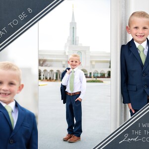 May include: A young boy in a navy blue suit and green tie stands in front of a white building. He is smiling and holding his jacket over his shoulder. The text "It's great to be 8" is written on the image.