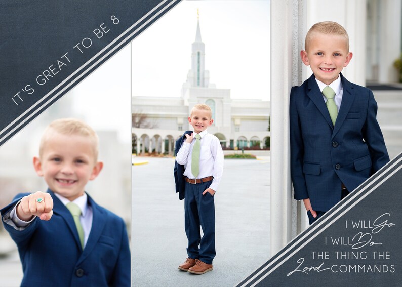 May include: A young boy in a navy blue suit and green tie stands in front of a white building. He is smiling and holding his jacket over his shoulder. The text "It's great to be 8" is written on the image.
