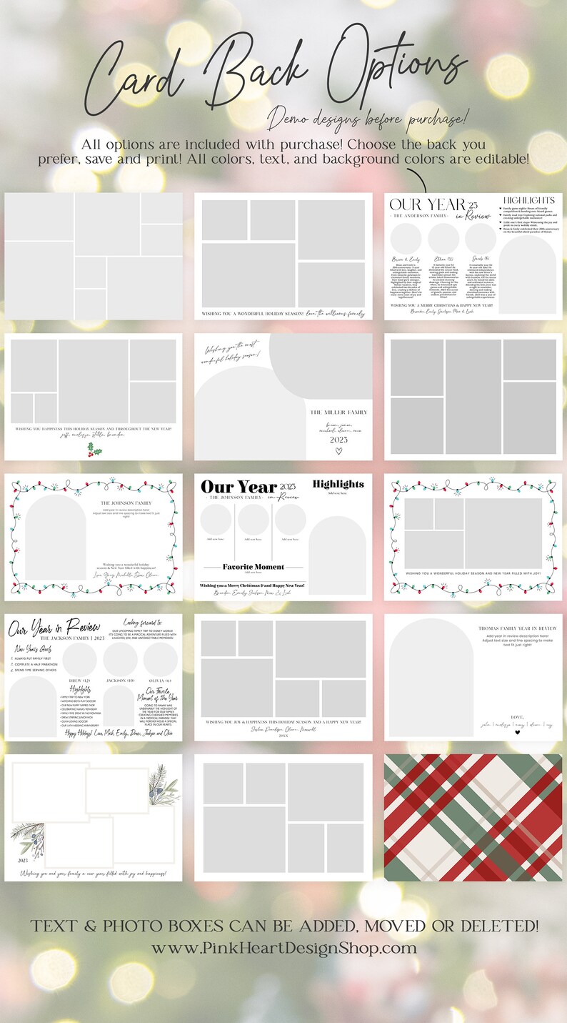 May include: A set of printable card back designs for a year in review. The designs feature different layouts with photo placeholders, text boxes, and festive Christmas themes. The text on the image reads "Card Back Options", "Demo designs before purchase!" and "All options are included with purchase! Choose the back you prefer, save and print! All colours, text, and background colours are editable!"