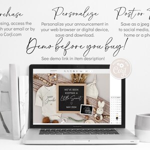 Puede incluir: Una pantalla de computadora port&aacute;til que muestra una maqueta de un dise&ntilde;o de anuncio de nacimiento. El dise&ntilde;o presenta un mameluco blanco con el texto "Baby Jacobs" y un letrero de pizarra con el texto "We've been keeping a little secret" y la fecha "May 2024".