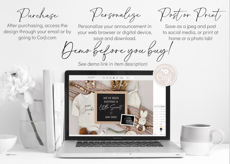 Puede incluir: Una pantalla de computadora port&aacute;til que muestra una maqueta de un dise&ntilde;o de anuncio de nacimiento. El dise&ntilde;o presenta un mameluco blanco con el texto "Baby Jacobs" y un letrero de pizarra con el texto "We've been keeping a little secret" y la fecha "May 2024".
