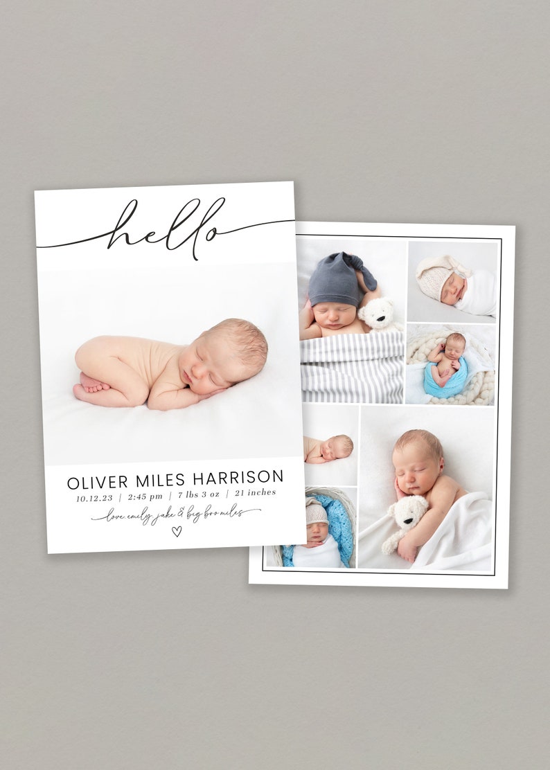 May include: A newborn baby announcement card with a collage of photos of the baby in different poses. The card includes the baby's name, Oliver Miles Harrison, birth date, time, weight, and length. The text "hello" is written in cursive at the top of the card.