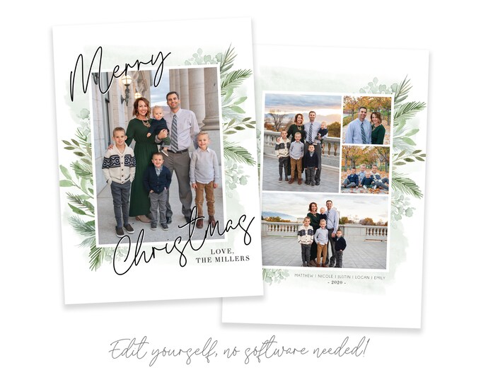 2020 Christmas Cards Template 5x7 | Merry Christmas Card 2020 | Floral Watercolor | Editable Photo Christmas Card | Holiday Card | Corjl