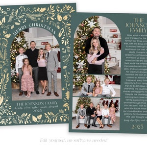 May include: A Christmas card featuring a family portrait with a green background and gold floral accents. The text "Merry Christmas" is written in a gold arch at the top of the card. The family is standing in front of a Christmas tree. The text "The Johnson Family" is written below the photo, along with the names of the family members and the year 2023.