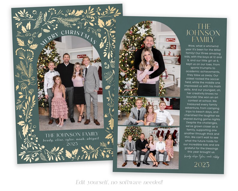 May include: A Christmas card featuring a family portrait with a green background and gold floral accents. The text "Merry Christmas" is written in a gold arch at the top of the card. The family is standing in front of a Christmas tree. The text "The Johnson Family" is written below the photo, along with the names of the family members and the year 2023.