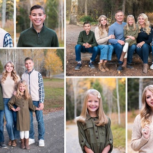 May include: A family portrait with seven people, including two parents, four children, and a dog. The family is standing in a forest setting with fall foliage in the background. The children are wearing a variety of clothing, including a green shirt, a white vest, a plaid shirt, a green dress, and a brown sweater. The parents are wearing a blue shirt, a white shirt, a green shirt, and a brown sweater. The dog is a brown and white dog.