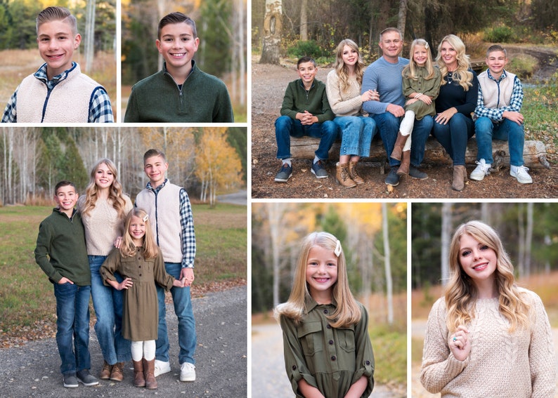 May include: A family portrait with seven people, including two parents, four children, and a dog. The family is standing in a forest setting with fall foliage in the background. The children are wearing a variety of clothing, including a green shirt, a white vest, a plaid shirt, a green dress, and a brown sweater. The parents are wearing a blue shirt, a white shirt, a green shirt, and a brown sweater. The dog is a brown and white dog.