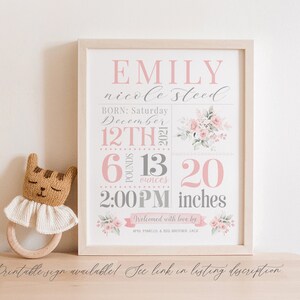 May include: A pink and gray printable baby birth announcement with floral accents. The announcement includes the baby's name, Emily Nicole Steed, birth date, weight, length, and time of birth. The text "Welcomed with love by" is included with the names of the parents and a sibling.