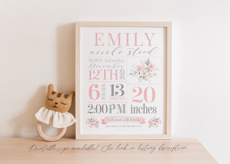 May include: A pink and gray printable baby birth announcement with floral accents. The announcement includes the baby's name, Emily Nicole Steed, birth date, weight, length, and time of birth. The text "Welcomed with love by" is included with the names of the parents and a sibling.
