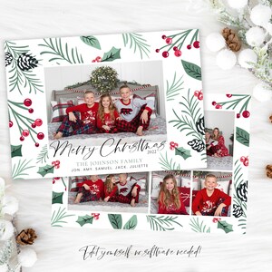 May include: A Christmas card featuring a collage of photos of a family in matching pajamas. The card has a white background with a green and red holiday pattern. The text "Merry Christmas 2022" and "The Johnson Family" is printed on the card.