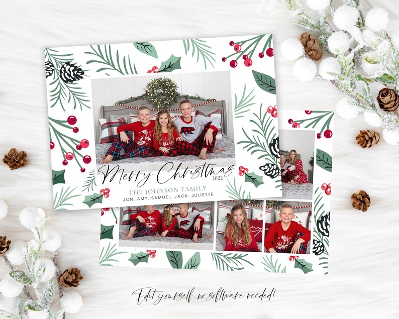 May include: A Christmas card featuring a collage of photos of a family in matching pajamas. The card has a white background with a green and red holiday pattern. The text "Merry Christmas 2022" and "The Johnson Family" is printed on the card.