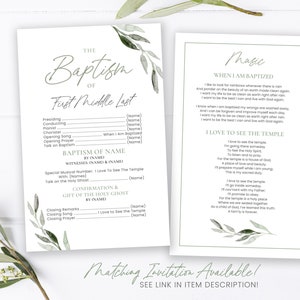 May include: Two-page baptism program with a light green watercolor leaf design. The left page has fill-in-the-blank sections for the baptism details. The right page features the lyrics to two hymns. The text is in a delicate, elegant font.
